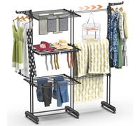 Huracan Etendoir à Linge, Séchoir à Linge Tour pour Balcon Peu encombrant avec roulettes, 3 étages Grande Capacité, 2 Ailes latérales, Mobile Support pour Chaussettes et Niveaux Pliable, Noir