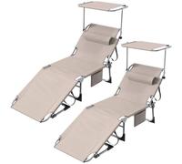 Huracan Grande chaise longue pliante, chaise longue de jardin avec toit, fauteuil inclinable avec dossier réglable en 4 positions et coussin pour la tête, chaise longue portable pour camping en plein