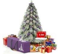 Huracan Sapin de Noël artificiel 250 cm avec LED et flocons de neige, sapin artificiel avec branches premium ultra-réalistes, pour salon, support en bois, décorations et sac de rangement