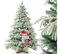 Huracan Sapin de Noël artificiel de qualité supérieure avec éclairage et neige - 180 cm - Sapin Nordmann avec support en bois et sac de rangement - Arbre de Noël réaliste - Vert