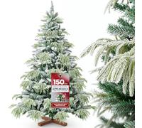Huracan Sapin de Noël artificiel de qualité supérieure avec neige - 150 cm - Avec pied en bois - Branches denses et festives - Avec bijoux et sac de rangement - Vert