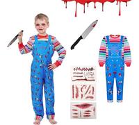 Huraogcos Chucky Costume pour enfant garçon et fille (masque de chucky, faux couteau, combinaison de Halloween, visage de tatouage, taille L - 140 cm)