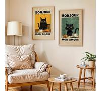 HURCP 2 pièces Bonjour Mon Amour Drôle Noir Chat Café Impression sur Toile Affiche Rétro Mignon Animal Abstrait Art Style Décoration Intérieure Affiche Cadeaux, 50x70 CM (19.7x27.6 In)