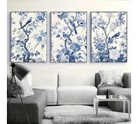 HURCP Lot de 3 toiles Affiche bleu et blanc oiseaux floraux moderne arbre de fleurs abstrait mural Art impressions cadeau chambre Salon Dortoir Galerie Couloir Décor Image, 50x70 CM (19.7x27.6 in)