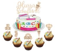 Hurra Lot de 6 décorations de gâteau en bois pour la rentrée des classes 123 ABC Ballon Décoration de gâteau pour garçons et filles rentrée des classes Thème fête