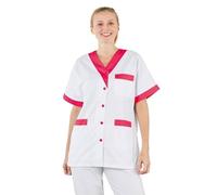 Hurry Jump Blouse de Travail Femme Confortable, Unisexe, pour Les Professionnels du Médical et Paramédical, Blouse Médicale Manches Courtes Col V avec Boutons, 3 Poches, Blanc & Fushia, 40-42