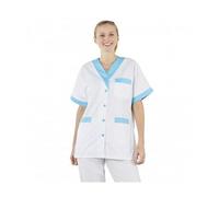 Hurry Jump Blouse de Travail Femme Confortable, Unisexe, pour Les Professionnels du Médical et Paramédical, Blouse Médicale Manches Courtes Col V avec Boutons, 3 Poches, Blanc & Turquoise, 36