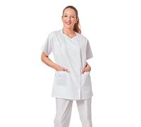 Hurry Jump Label Blouse Tunique médicale et esthticienne col trapèze 3 Poches Sergé 210 gramme Couleurs Blanc Pressions inoxydables Lavage Machine 90 degrés ou Industriel T0-36