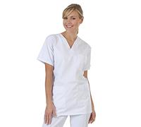 Hurry Jump Label Blouse Tunique médicale Mixte SARRAU 3 Poches col V avec 3 Poches Sergé 210 gramme Couleurs Blanc Enfilage par la tête Lavage Machine 90 degrés ou Industriel T0-36