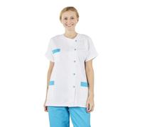 Hurry Jump Tunique de Travail Medical Soins Domicile Col Rond 3 Poches Sergé Blanc Finition Turquoise 3 Poches + Pressions T1