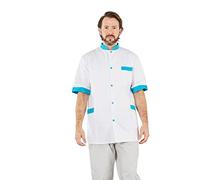 Hurry Jump Tunique médical Blouse de Travail médical infirmer dentisite ergothérapeute Blouse médicale Homme Blanc Finition Turquoise Poches Manches et Col+ Press.T1