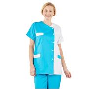 Hurry Jump Tunique médicale blouse de travail femme col rond manches courtes 3 poches sergé bi color blanc/fushia Taille 52-54 40/42