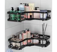 HURUC Étagère d'angle de douche - Lot de 2 étagères d'angle antirouille pour salle de bain, adhésif sans perçage, ventouse pour accessoires et rangement, noir