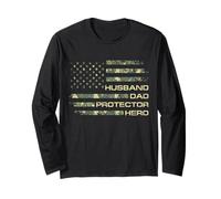 Husband Dad Protector Hero for Christmas Camo American Flag Manche Longue