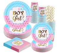 HusDow 100pcs Gender Reveal Assiette jetable, Vaisselle Baby Shower Mixte Bébé Boy Or Girl Kit Fournitures Fête Prénatale Baptême Assiettes Carton Gobelet Serviettes Paille en Papier, 20 invités