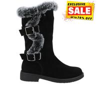 Hush Puppies Megan Femmes Haut Doublé Fourrure Cuir Daim Bottes Coupe Large Noir