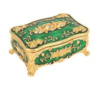 HUSHUI Boîte à Bijoux Vintage, Rectangulaire en Alliage de Zinc avec Gravure Florale et Doublure en Velours Doux, pour Bagues, Boucles D'oreilles, Organisateur de Bibelots (Or + Vert)