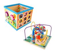 HUSHUI Cube d'activité en Bois pour bébé, Jouet éducatif 8 en 1, Jouets d'apprentissage Multifonctionnels pour Les Tout-Petits - Blocs de Perles, Reconnaissance de Forme, Jeu D'écureuil - 24 X 23 X