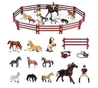 HUSHUI Figurines d'animaux de Cheval, modèle de Figurine de Cheval et de Cavalier de Simulation avec Figurines d'animaux de Simulation de Ferme de clôture Ensemble Jouet d'apprentissage émulationnel