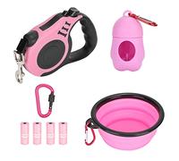 HUSHUI Laisse Rétractable pour Chien Légère et Durable avec Distributeur de Bol Pliable et Sacs Poubelles pour Chiens de Petite, Moyenne et Grande Taille, Longueur de 16,4 Pieds (Ensemble Rose)