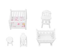 HUSHUI Meubles de Chambre d'enfant pour Maison de Poupée, Ensemble de Meubles Miniatures Durables pour bébé 1:12, Berceau, Chaise Haute, Cheval de Passe-Temps et Tabouret Rond