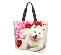 Hushuigeee Sac à Bandoulière Chien Samoyède Fleurs Roses Sac Fourre-Tout Pour Femme, Sac à Main en Polyester Sacs d'Épicerie Sac à Provisions Réutilisable