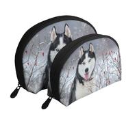 Husky en Hiver, Trousse de Maquillage Coquille Femme Petit Porte-Monnaie Trousse de Toilette Trousse à cosmétiques 2 pièces