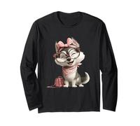 Husky Puppy Kawaii Lunettes Léopard Rose Portrait Graphique Manche Longue