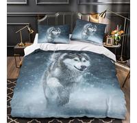 Husky sibérien en pleine course 3D Imprimé Housse de couette 3 pièces Microfibre hypoallergénique aventure hivernale Drap de couette 2 taies anti-decoloration adolescents adultes King（220x240cm）