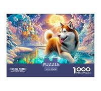 Husky Splashes dans Un lac de Conte de fées enneigé Puzzle De 1000 Pièces Chien de Compagnie Mignon Parfait pour Les Soirées De Puzzle en Famille, Adultes Et Enfants 52x38cm/1000pcs