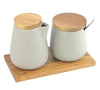 Husla 73974 Ensemble 2 en 1 avec bol à sucre et jarre à lait en céramique, support en bois d'acacia, cuillère en acier inoxydable,