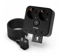 Huslog Bloc d'alimentation avec 2 Prises Schuko, 2 Ports USB-A et 2 Ports USB-C, multiprise 3680 W avec Interrupteur, Support pour téléphone Portable et Fixation Murale, câble de 1,4 m