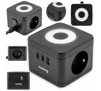 Huslog Bloc Multiprise Cube 5-in-1 avec 2 Prises, 1 USB & 2 USB-C, 230V/16A, Câble 1,4 m, LED Dimmable, Antidérapant et Compact pour Maison & Bureau, Noir