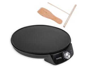 Huslog Crêpière Électrique 1200W, Ø29 cm, Revêtement Antiadhésif, Température Réglable, Bord Relevé, avec Spatule Bois et Répartiteur, Noir - Parfaite pour Crêpes, Pancakes, Tortillas et Tacos