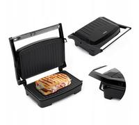 Huslog Grill Panini Électrique 1000W avec Revêtement Antiadhésif, Poignée Cool Touch, Voyant Lumineux, Pieds Antidérapants, Format Compact 28x22,5x8,8 cm, Inox, Noir