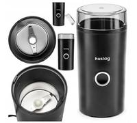 Huslog Moulin à Café Électrique 180W pour grains café et épices 70g avec couvercle verrouillage bouton unique rangement cordon base format compact cuisine quotidienne usage facile noir