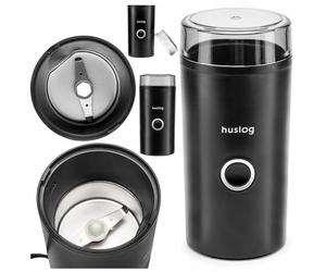 Huslog Moulin à Café Électrique 180W pour grains café et épices 70g avec couvercle verrouillage bouton unique rangement cordon base format compact cuisine quotidienne usage facile noir
