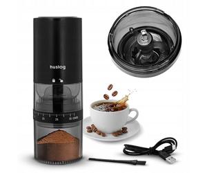 huslog Moulin à café électrique sans fil 30 W, broyeur conique en céramique, batterie USB-C, 2000 mAh, degré de mouture réglable, récipient à grains de 25 g, noir
