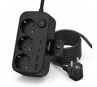 Huslog Multiprise avec 3 Prises Schuko et 4 Ports USB (2 USB-A, 2 USB-C) - Multiprise avec Support pour téléphone Portable, Fixation Murale et Interrupteur Marche/arrêt, câble de 1,4 m, 3680 W, Noir