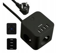 Huslog Multiprise Cube 7 en 1 avec 3 Prises, 4 Ports USB, Interrupteur LED, 230V/10A, Câble 1,5m, avec Terre, Base Antidérapante, Compact pour Bureau & Maison, Noir