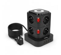 Huslog Tour multiprise avec 8 Prises CA, 3 Ports USB-A et 1 Port USB-C, parasurtenseur, veilleuse, Interrupteur Individuel, 3 680 W, câble de 1,8 m, multiprise Verticale pour Bureau et Maison - Noir