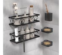 husman Ensemble d'étagères de douche sans perçage | Noir mat | 10 pièces avec rainures de drainage | Collage au lieu de perçage | Étagère murale de douche Étagère de salle de bain Étagère décorative