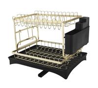 HUSPOO Égouttoir à vaisselle à 2 étages en acier au carbone avec porte-ustensiles et bac d'égouttement pour comptoir de cuisine (noir + doré)