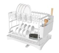 HUSPOO Égouttoir à vaisselle à 2 étages en acier au carbone avec porte-ustensiles et bac d'égouttement pour comptoir de cuisine (blanc)