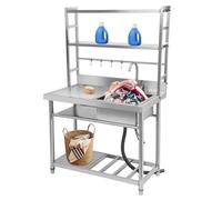 HUSPOO Évier de cuisine en acier inoxydable avec meuble bas et 4 crochets, 100 x 50 cm, pour extérieur, cuisine de jardin et camping, avec robinet et étagères de rangement