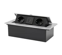 HUSPOO Prise encastrable escamotable 2 prises avec 2 ports USB - Plan de travail avec couvercle - Pour cuisine, bureau, établi - Prise encastrable avec câble de 1,8 m - Argenté