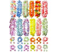 Hutato Ensemble de colliers de fleurs hawaïens, 48 pièces Colliers de fleurs hawaïennes Bandeaux Bracelets Collier Hula Lei pour Maui Luau Aloha Lilo Fête à thème tropicale Décorations de fête sur la