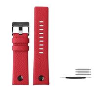 HUTBUVEAW Bracelet de montre en cuir véritable for Diesel DZ7395 7370 7257, motif litchi, avec rivets, rouge, tailles 22, 24, 26, 28 et 30 mm.(Red black rivet,22mm)
