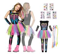 HUTRADE Costume Squelette Multicolore Fille, Enfants, Robe Squelette Halloween Fille, Ensemble Costume Deluxe Grim Reaper Avec Extensions Cheveux, Robe Tutu FantôMe Pour Carnaval, FêTe Cosplay (S)