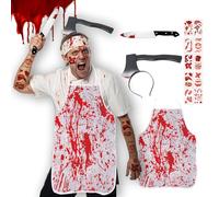 HUTRADE Deguisement Carnaval Homme, Tablier Boucher avec Serre-Tête Hache, Tatouages de Cicatrices et Couteau, Cosplay Horreur Adulte pour Soirée Déguisée, Maison Hantée et Fête à Thème
